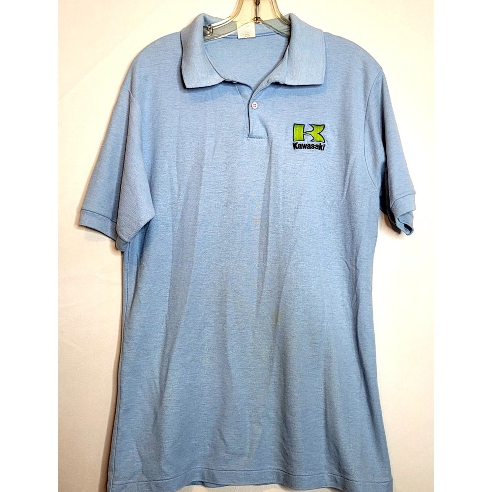Vintage Kawasaki Polo Shirt Embroidered Logo Light Blue Bantam XL USA